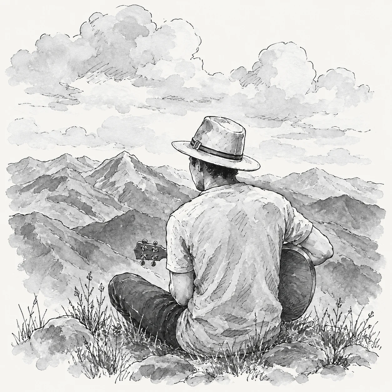 Un músico con guitarra contempla un paisaje de montañas en acuarela.